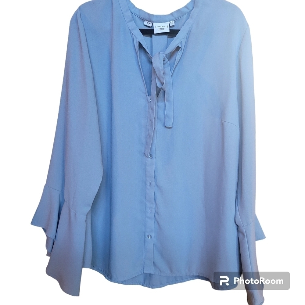 Junarose Light Blue Tie-Neck Ruffle Sleeve Blouse